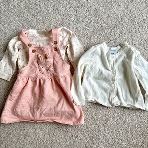 Carters Baby Girl Bunny Overall Dress with Cream Floral Top & White Cardigan Set